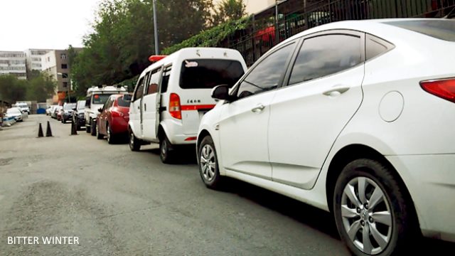 Squad cars are parked in a narrow alleyway