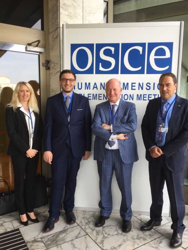 Massimo Introvigne at the OSCE meeting in Warsaw with Christine Mirre and Thierry Valle of the NGO CAP-LC and human right lawyer Alex Amicarelli