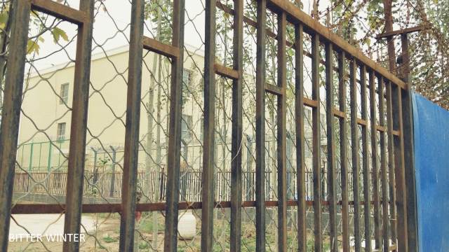 Through part of the outer wall not surrounded by blue sheets of galvanized iron