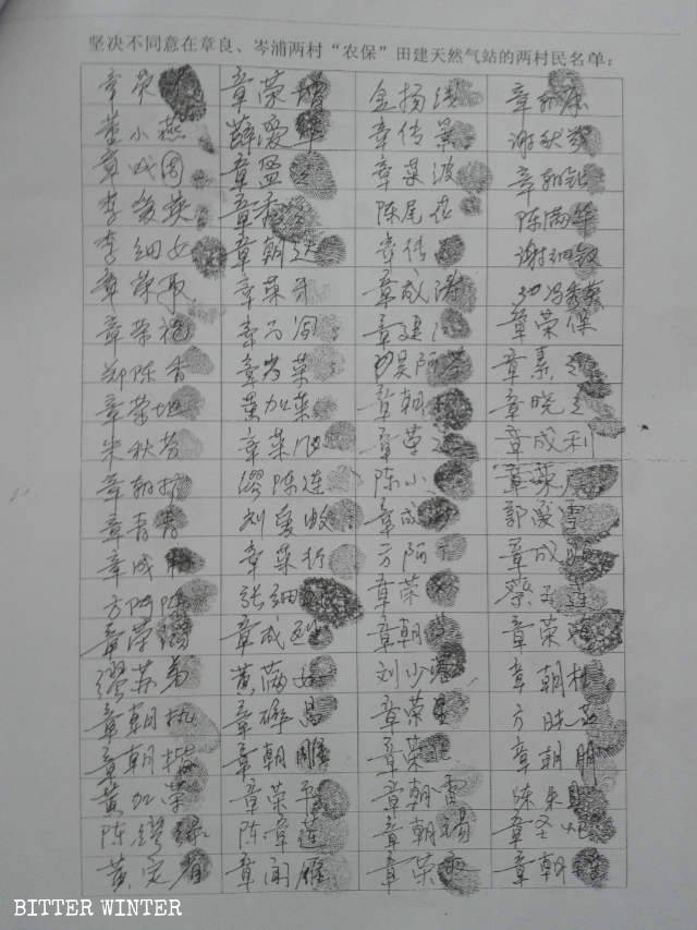 All villagers signed a letter with their fingerprints to oppose construction of thenatural gas station.