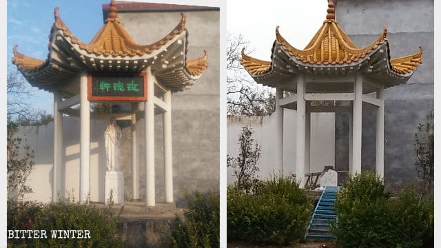The statue of the Holy Virgin before and after the demolition.
