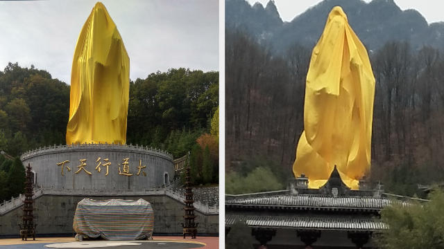The Laozi statue is completely wrapped in yellow cloth