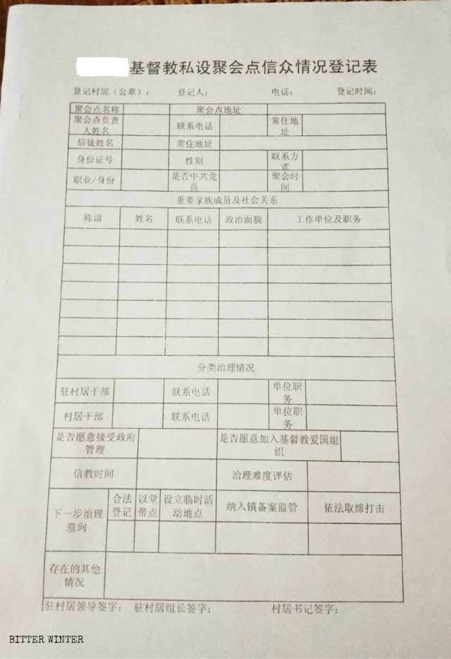 The form of registration of believers’ information from a county in Hubei Province