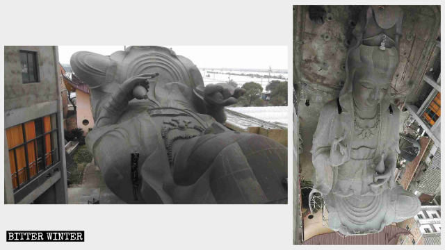 Guanyin statue is laid down flat on the ground