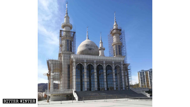 Scaffolding is erected at the mosque