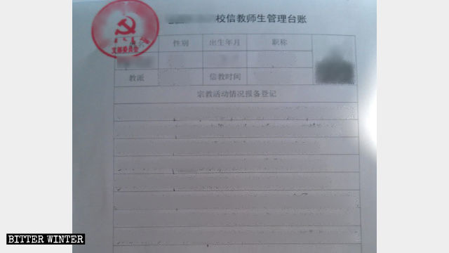 Management Register for the School’s Religious Teachers and Students