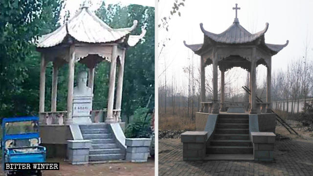 TA pavilion in the Catholic church in Wuyi county before and after the removal of the statue of the saint.