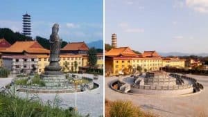 The bronze Guanyin statue before and after its demolition