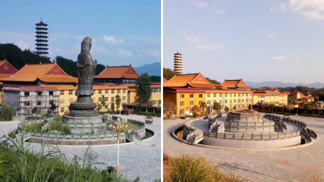 The bronze Guanyin statue before and after its demolition