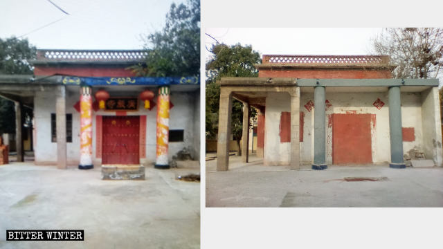 The temple’s door and windows before and after being blocked