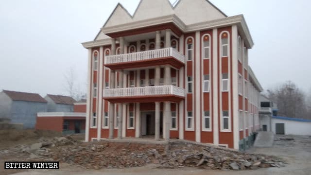 The concrete ground outside the church was destroyed.