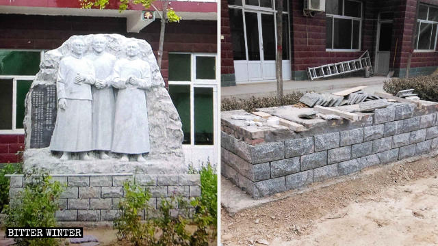 The statues erected by churchgoers to commemorate the three saints have been removed.