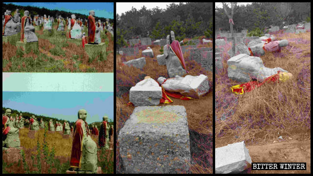 Arhat statues before and after being toppled and damaged.