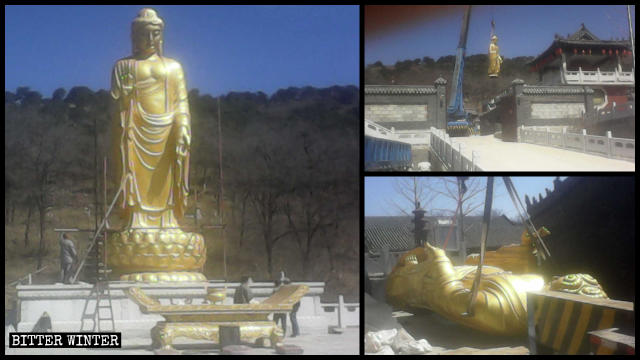 The Buddha statue at Yongning Temple before and after the removal.