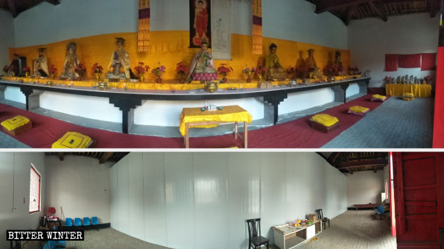 The temple’s Buddhist statues have been put behind an iron-sheet wall.