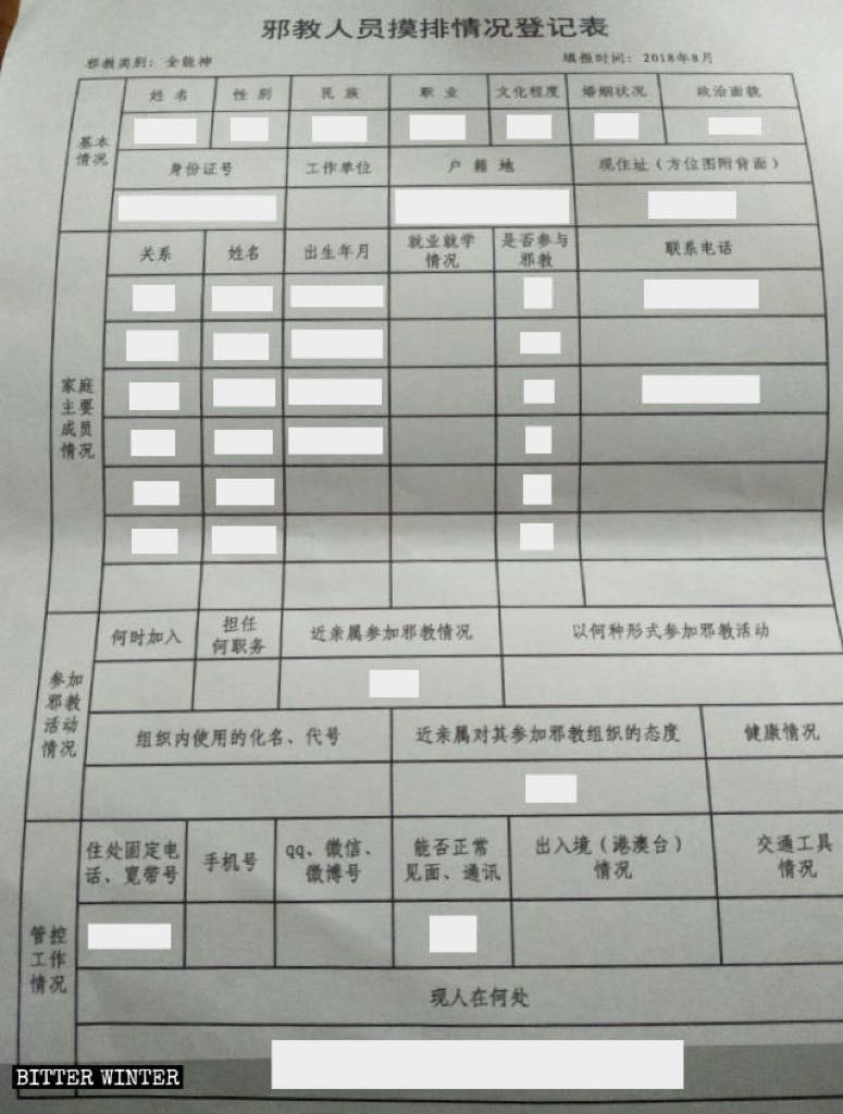 Investigative Status Registration Form for members of xie jiao, aimed at The Church of Almighty God believers, in a district of Fuzhou city
