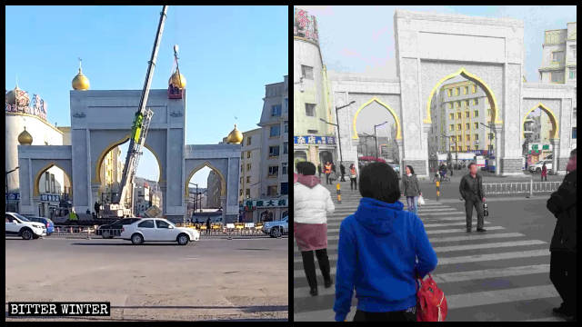 The Islamic-style sign was removed from the entrance to Halal Food Street.