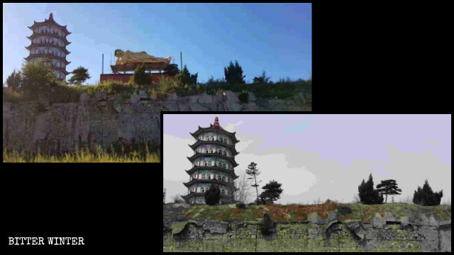 The reclined Shakyamuni statue at Lingbao Temple before and after being dismantled.