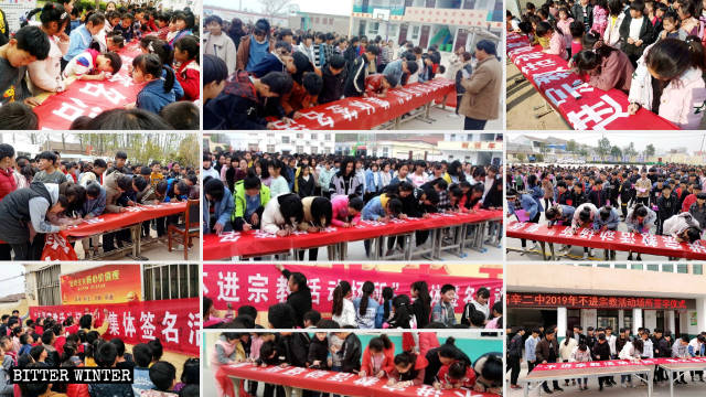 Students at primary and secondary schools in Gaoxin town sign their names on banners at signing ceremonies promising not to enter any religious venues.