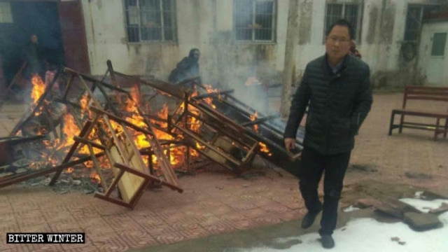 The church’s benches and cushions were burned.