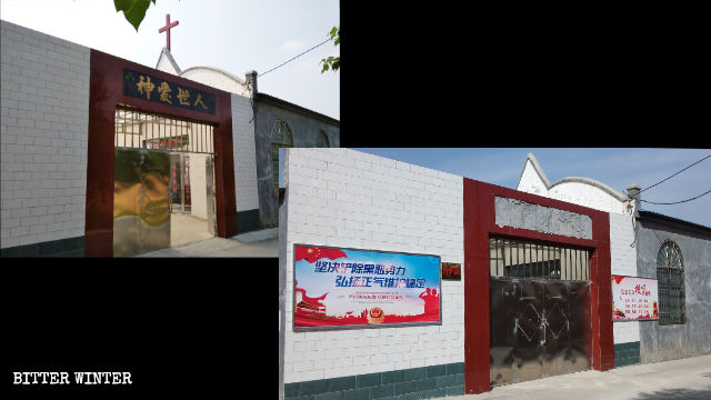 The church’s cross and a plaque reading “God loves the world” were removed, and a political slogan about “cleaning up gang crime and eliminating evil” was posted instead.