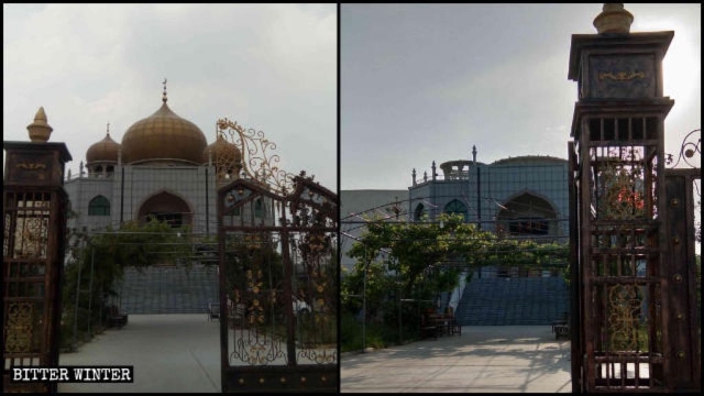 The mosque in Puyang County before and after its domes and star-and-crescent symbols were demolished