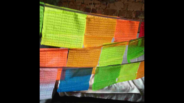 A surviving prayer flag with Buddhist scriptures.