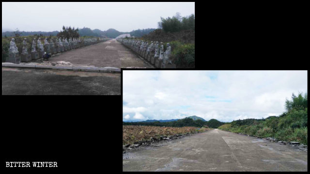 The 500 Arhat statues before and after being dismantled.
