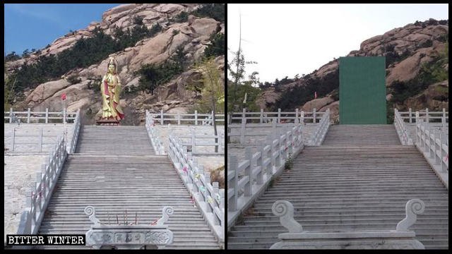 A Bodhisattva statue in Gaofu Temple in Pingdu city was covered after the temple was shut down.
