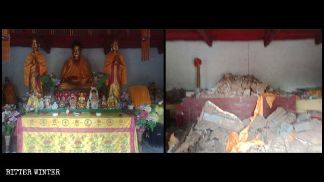 Buddhist statues in Shengquan Temple’s Hall of Great Strength before and after being destroyed.