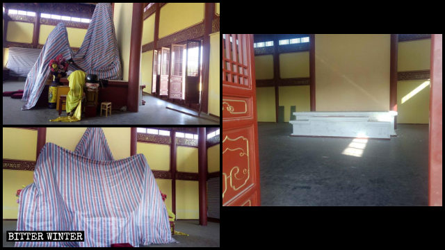 Buddhist statues in Yuantong Temple were covered up and later removed.