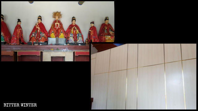 Deity statues inside Bixia Palace were covered with wooden planks.