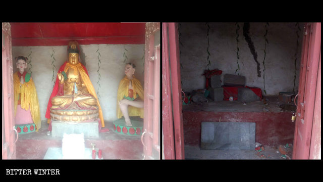 Guanyin statue in Shengquan Temple before and after it was dismantled.