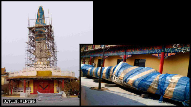 The dismantled Guanyin statue inside Wofo Temple in Liaoning.