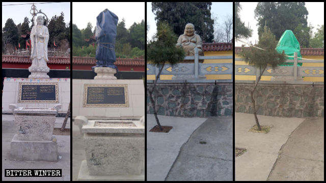 Two outdoor Buddhist statues—Kṣitigarbha Bodhisattva and Maitreya Buddha—in a temple on Kunlun Mountain in Zichuan district’s Kunlun town were also covered.