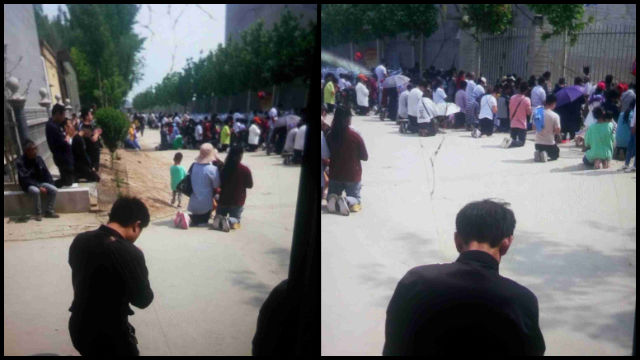 Churchgoers were kneeling and praying on the road outside the pilgrimage site.