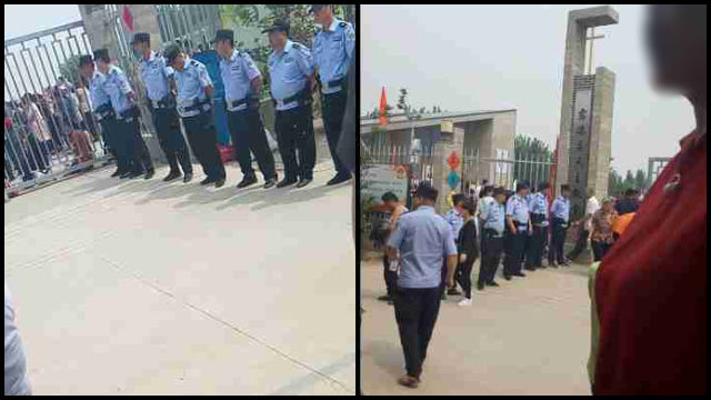 The police were guarding the entrance to the pilgrimage site.