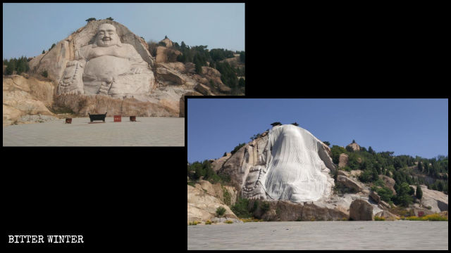 The Maitreya statue on Ink Stone Mountain before and after it was covered