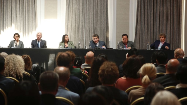 Members of the Tribunal panel from left to right: Shadi Sadr, Dr. Martin Elliot, Regina Paulose, Sir Geoffrey Nice QC, chairman, Andrew Khoo and Nicholas Vetch. A further panel member Arthur Waldron joined the sitting via video link. All members of the panel gave their services pro bono.