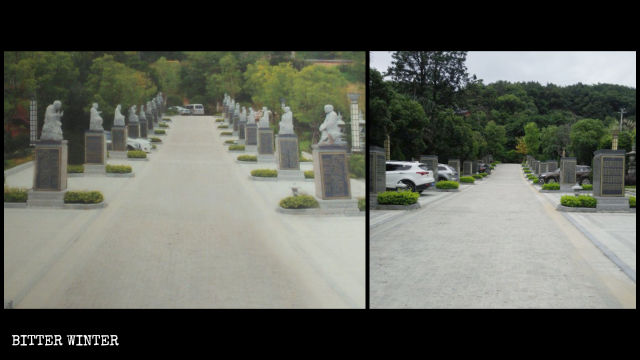 Statues of the 18 Arhats on either side of Bodhi Path at Shengquan Temple have been dismantled.