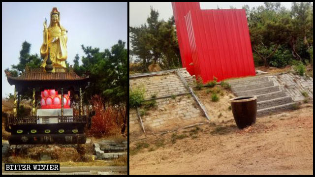 The Buddhist statue and the incense burner in Yuanming Temple were covered with red galvanized-iron sheets.