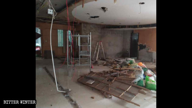 The ceiling and other parts of a hall in the meeting venue were destroyed beyond recognition.