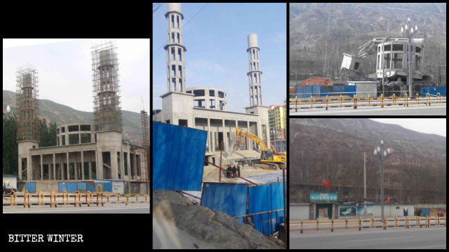 The mosque in Minhe county before and after demolition.