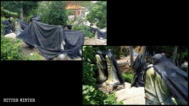Arhat statues in Dongming Buddhist Temple after being covered
