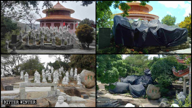Arhat statues in Dongming Buddhist Temple before and after being covered