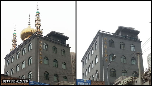 The dome and the star and crescent symbols are dismantled from new Beiguan Mosque in Xiâan city.