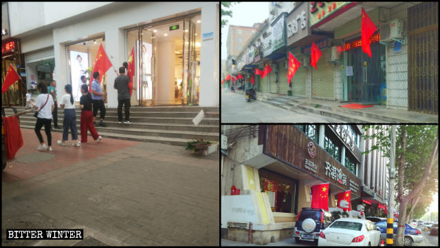 Chinese flags are hanging in front of shops