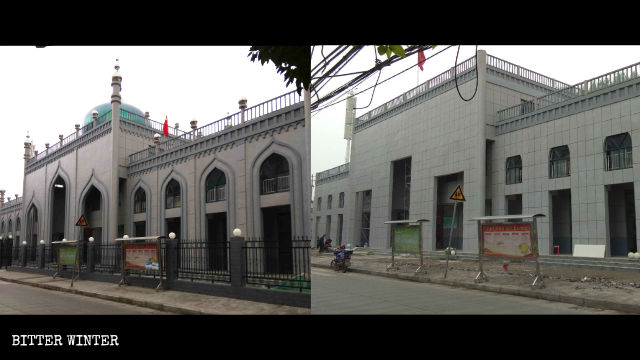 The Islamic architectural elements have been removed from the womenâs mosque, making it look like an office building.