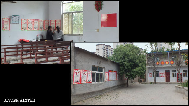 Slogans promoting traditional literature and CCP’s policies are displayed all over the church.