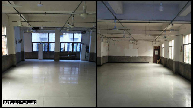 The meeting venue was cleared out; religious symbols were painted over.